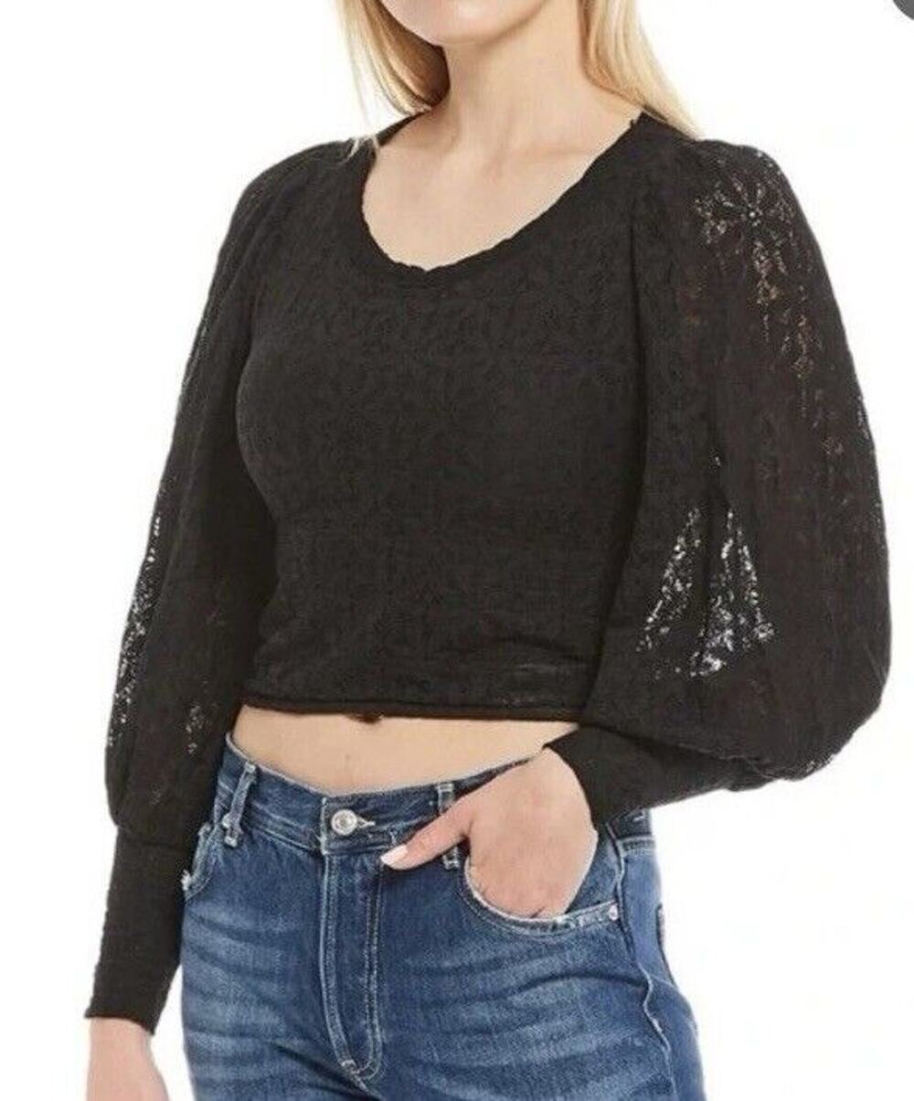 FREE PEOPLE Balloon Sleeve Lace Top Women's Black XS TP